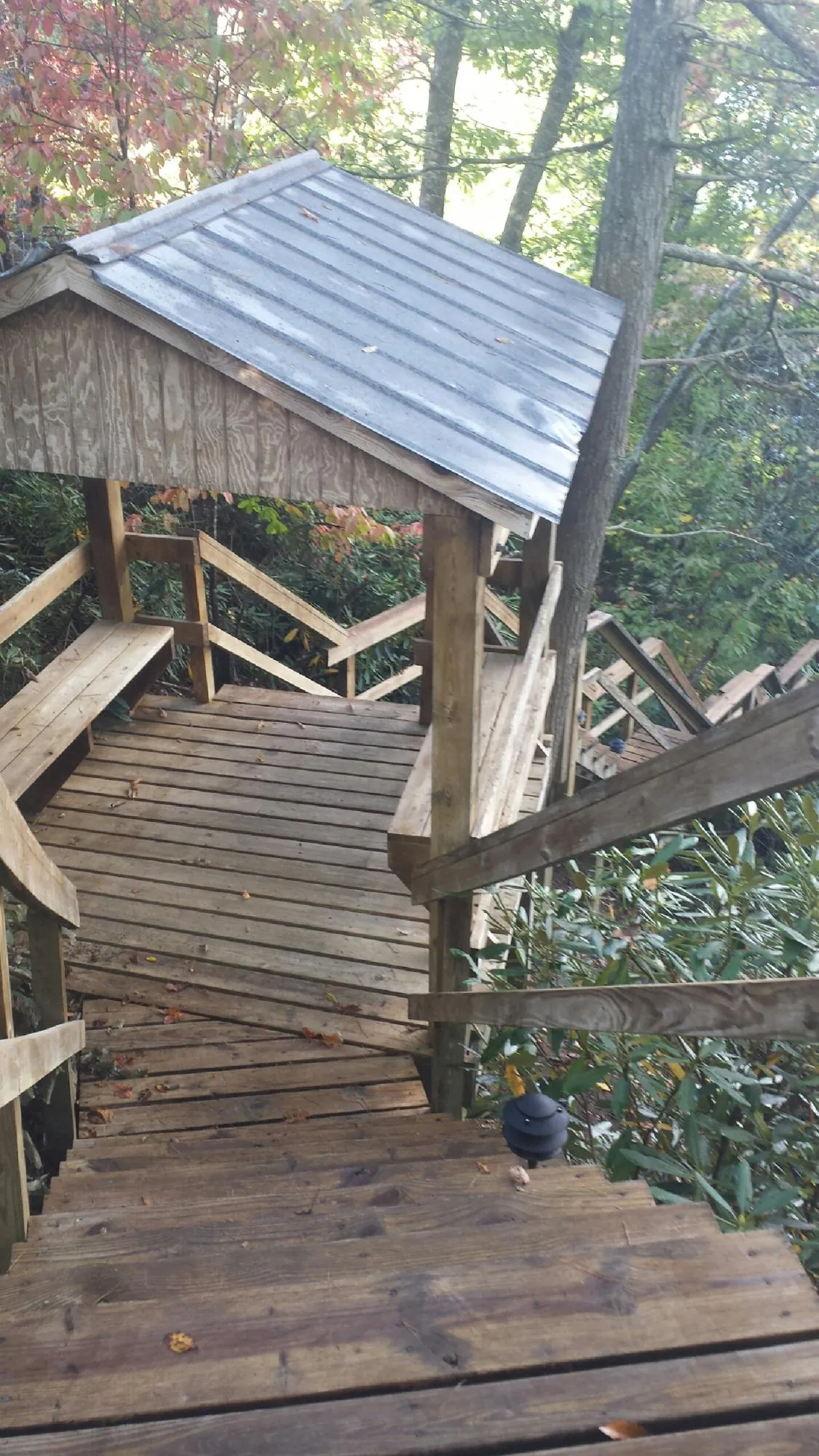 Metal roofed shelter over wooden steps on a wooded walkway — Skylight Repair & Installation work by our crew in New Bremen
